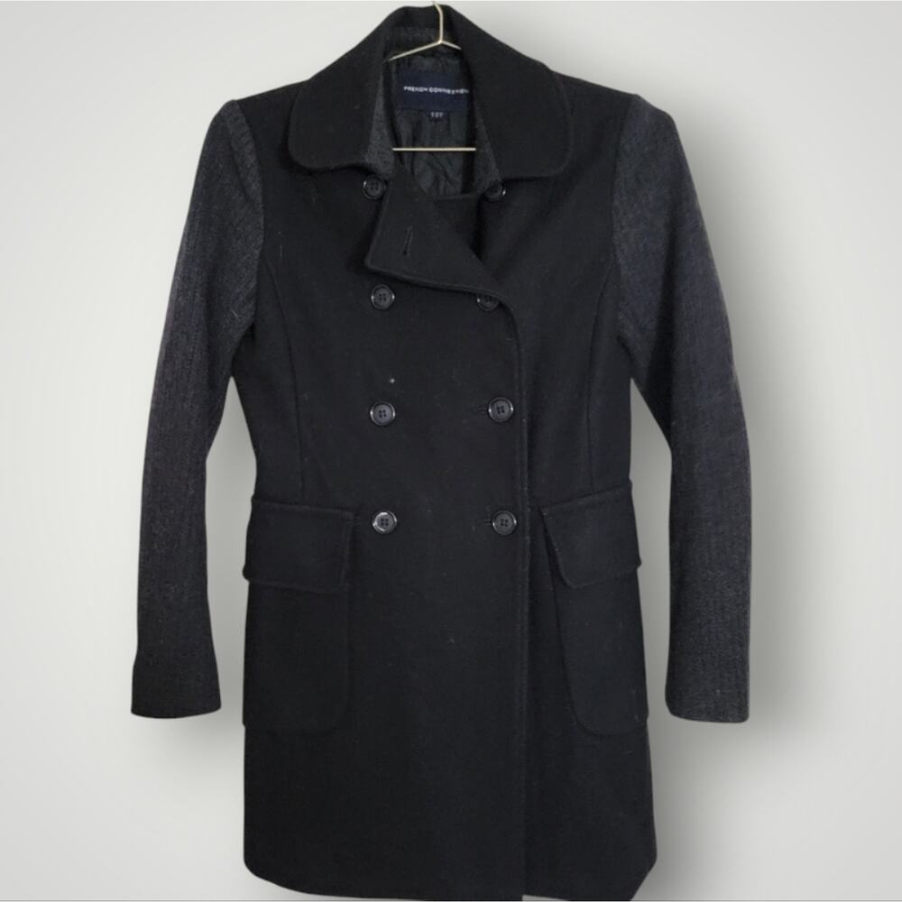 French Connection Pea coat Size 4 Wool Cashmere Black Sweater Sleeves Classic